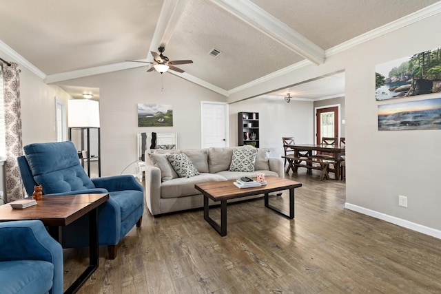 343 Pinemont Dr, Sour Lake, TX 77659 - living room featuring wood finished floors, visible vents, ceiling fan, and baseboards