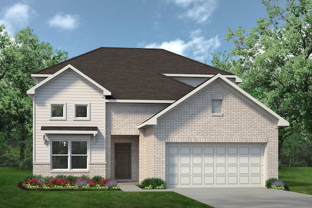 view of front of home featuring brick siding, roof with shingles, a front yard, concrete driveway, and an attached garage