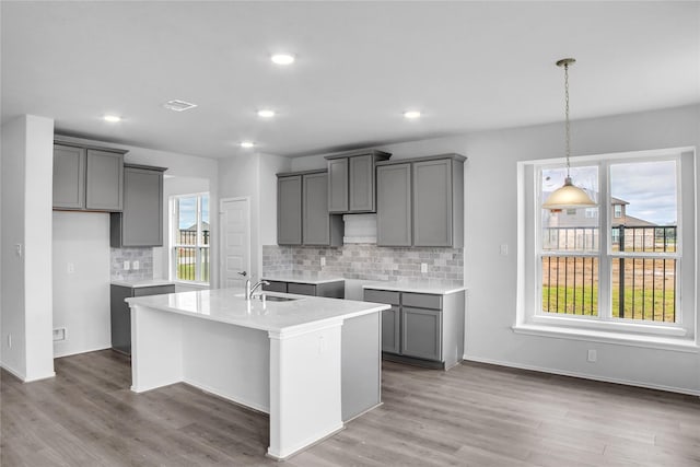 kitchen with a sink, backsplash, an island with sink, and gray cabinets