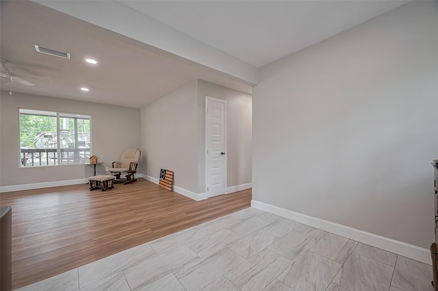 unfurnished room featuring visible vents, ceiling fan, baseboards, recessed lighting, and light wood finished floors