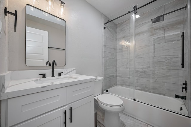 bathroom with bath / shower combo with glass door, vanity, toilet, and marble finish floor