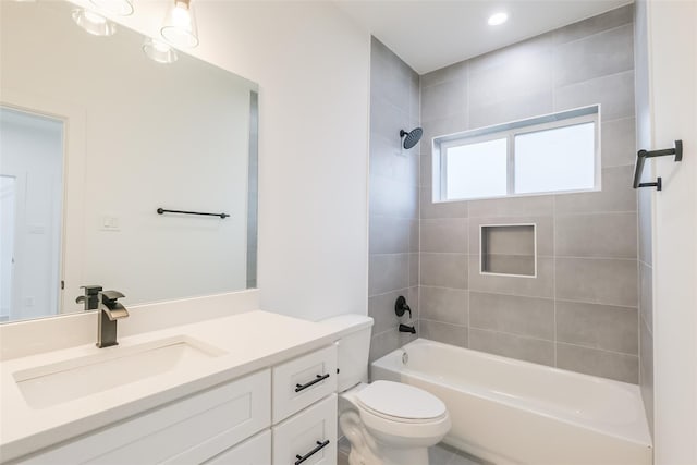 4921 Randon Rd, Houston, TX 77055 - bathroom with toilet, bathing tub / shower combination, vanity, and recessed lighting