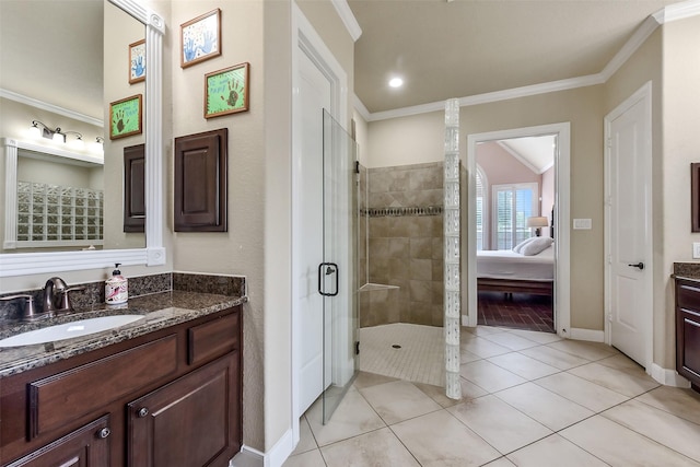 full bathroom with a tile shower, tile patterned flooring, connected bathroom, vanity, and crown molding