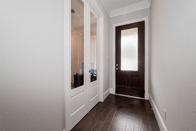 8820 Ashbloom Ln, Houston, TX 77080 - doorway to outside with crown molding, dark wood-style floors, baseboards, a textured wall, and french doors