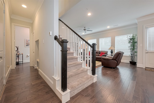 8820 Ashbloom Ln, Houston, TX 77080 - staircase featuring a ceiling fan, ornamental molding, baseboards, wood finished floors, and recessed lighting