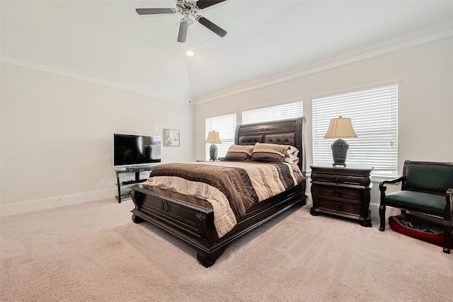 8820 Ashbloom Ln, Houston, TX 77080 - bedroom featuring carpet, crown molding, baseboards, ceiling fan, and vaulted ceiling