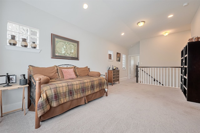 8820 Ashbloom Ln, Houston, TX 77080 - bedroom with carpet flooring, vaulted ceiling, recessed lighting, and baseboards