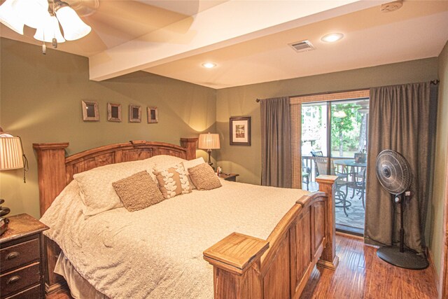 70 Lower Cove Dr, Point Blank, TX 77364 - bedroom with access to outside, dark wood finished floors, ceiling fan, and recessed lighting