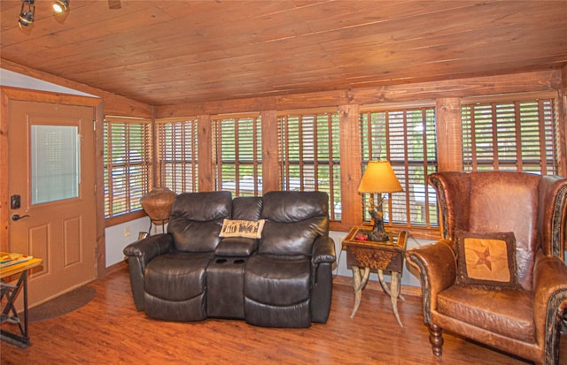 70 Lower Cove Dr, Point Blank, TX 77364 - living room featuring wood finished floors, wooden ceiling, and vaulted ceiling