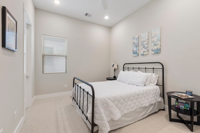 bedroom with baseboards, visible vents, carpet, and recessed lighting