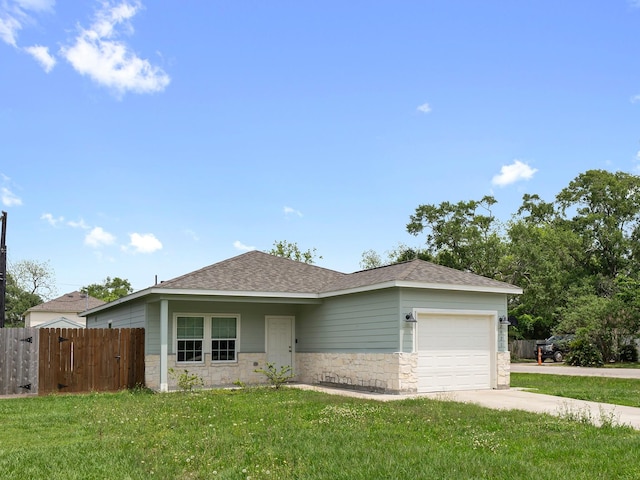 ranch-style house with stone siding, an attached garage, a shingled roof, and fence