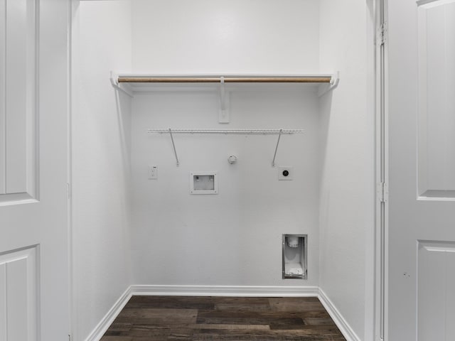 washroom featuring hookup for an electric dryer, hookup for a gas dryer, baseboards, hookup for a washing machine, and dark wood-style flooring