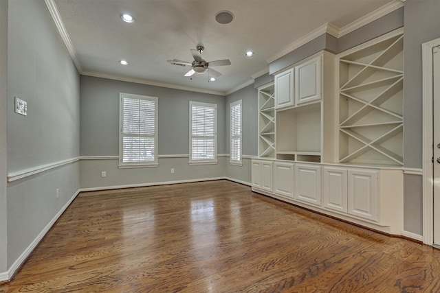 unfurnished living room featuring ceiling fan, baseboards, recessed lighting, ornamental molding, and wood finished floors