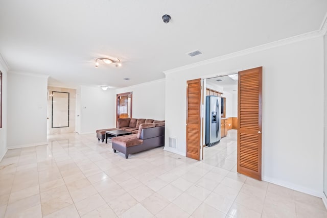 7718 Pella Dr, Houston, TX 77036 - living area featuring light tile patterned flooring, visible vents, ornamental molding, and baseboards