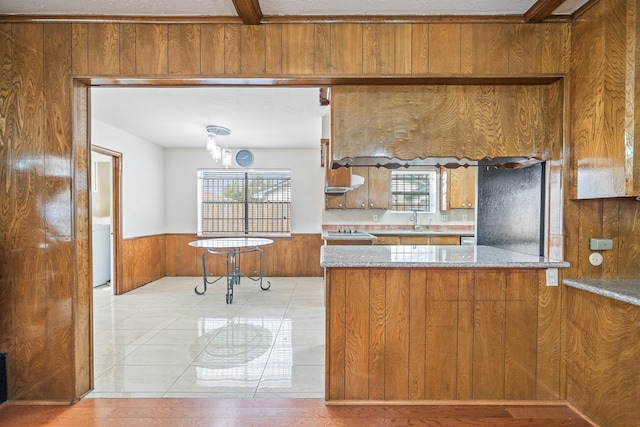 7718 Pella Dr, Houston, TX 77036 - kitchen with wooden walls, plenty of natural light, a wainscoted wall, and brown cabinetry