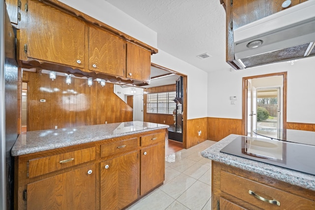 7718 Pella Dr, Houston, TX 77036 - kitchen featuring wooden walls, plenty of natural light, a wainscoted wall, and brown cabinetry