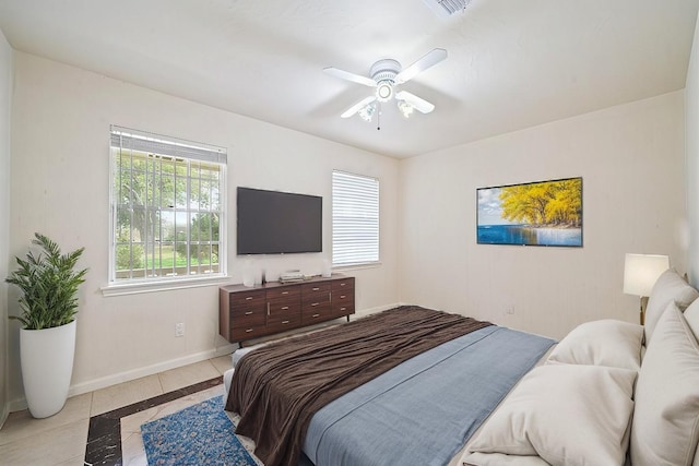 7718 Pella Dr, Houston, TX 77036 - bedroom featuring baseboards, visible vents, light tile patterned floors, and ceiling fan