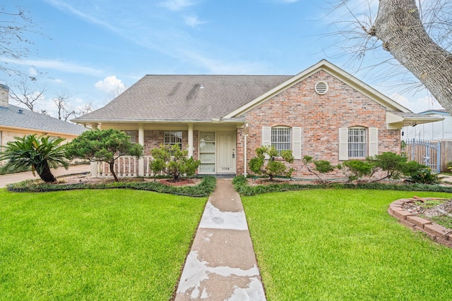 7718 Pella Dr, Houston, TX 77036 - ranch-style house with a front yard, roof with shingles, fence, and brick siding