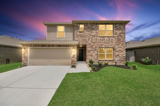 traditional home featuring brick siding, a front lawn, and concrete driveway