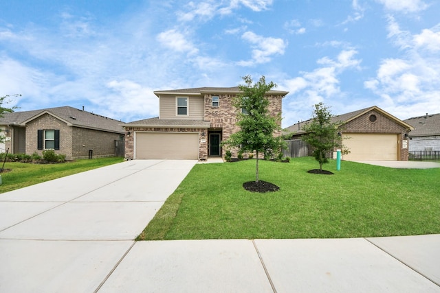 traditional-style house with brick siding, fence, driveway, and a front yard