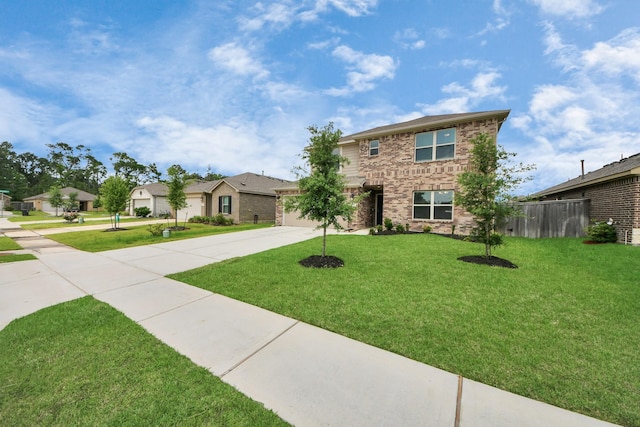 view of front of property featuring fence, concrete driveway, a front yard, and an attached garage
