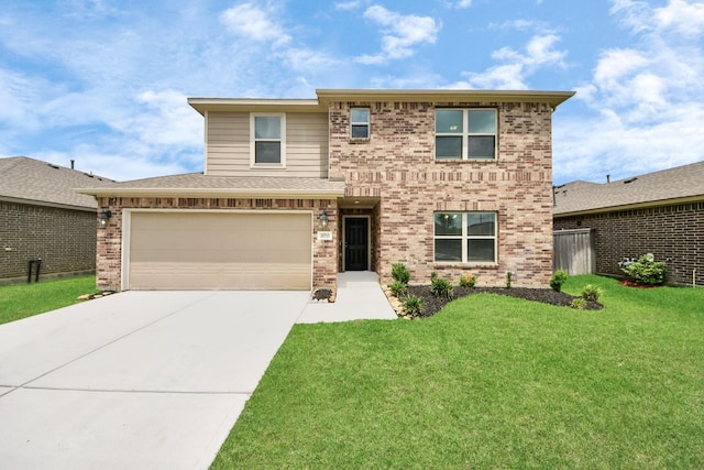 view of front facade featuring a front lawn, concrete driveway, and brick siding