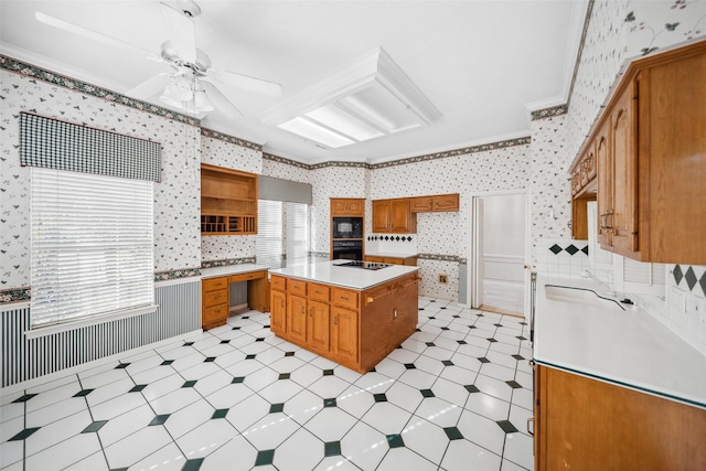 kitchen with black appliances, light floors, ornamental molding, and wallpapered walls