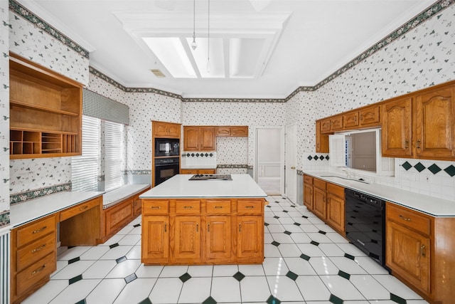 kitchen with open shelves, crown molding, black appliances, backsplash, and light countertops