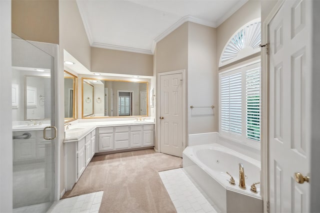 bathroom featuring a shower with door, double vanity, ornamental molding, a bath, and a sink