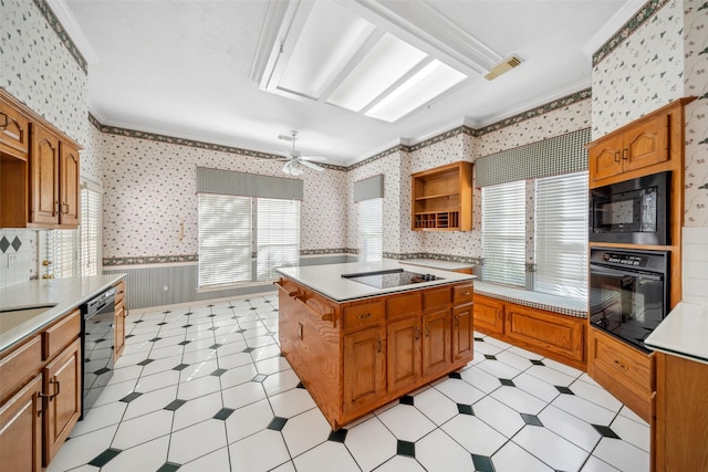 kitchen featuring black appliances, crown molding, wallpapered walls, and open shelves