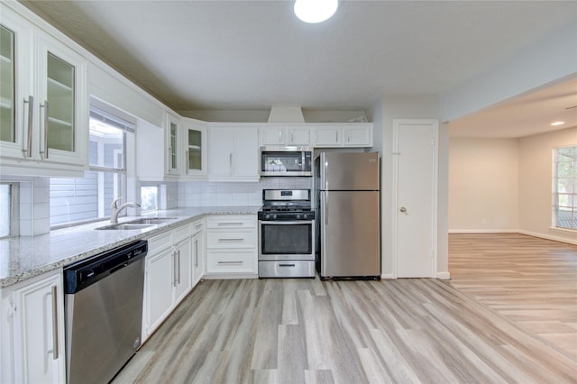 kitchen featuring tasteful backsplash, appliances with stainless steel finishes, a sink, white cabinetry, and light wood-type flooring