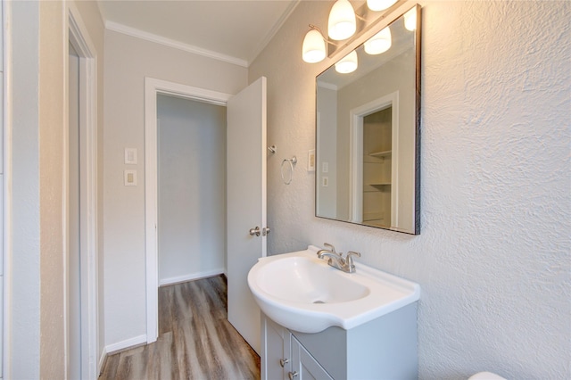112 Begonia Ln, Highlands, TX 77562 - bathroom with ornamental molding, wood finished floors, vanity, and a textured wall