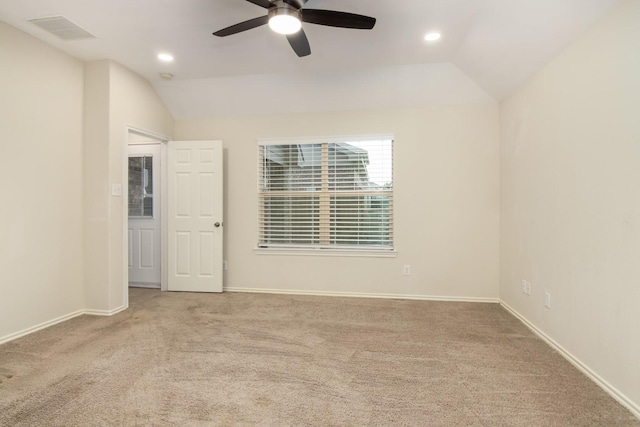 1318 Evermore Manor Ln, Houston, TX 77073 - empty room featuring lofted ceiling, carpet floors, ceiling fan, baseboards, and recessed lighting