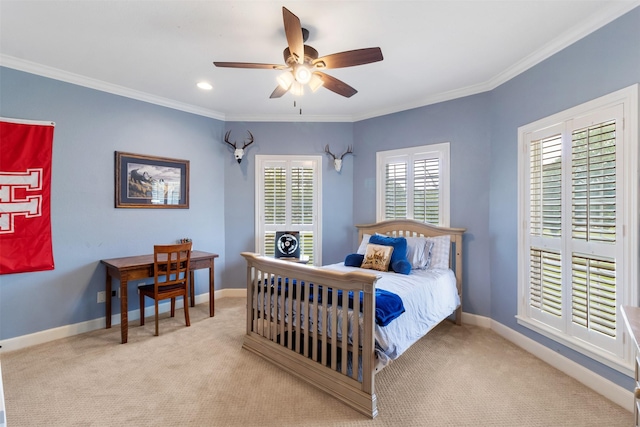 2215 Pecan Lake Dr, Richmond, TX 77406 - bedroom featuring carpet floors, ornamental molding, baseboards, ceiling fan, and recessed lighting