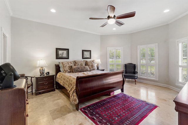 2215 Pecan Lake Dr, Richmond, TX 77406 - bedroom featuring multiple windows, recessed lighting, crown molding, baseboards, and a ceiling fan