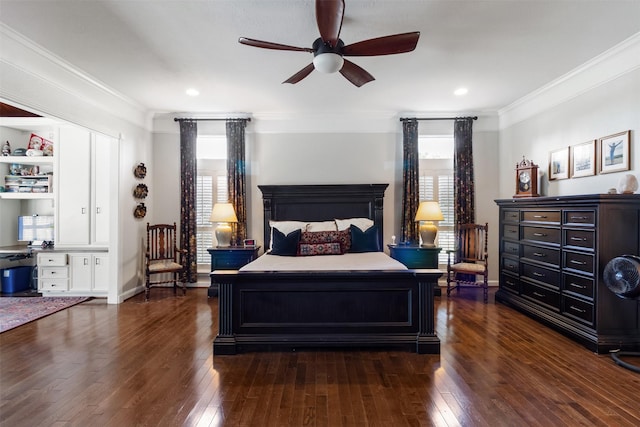 2215 Pecan Lake Dr, Richmond, TX 77406 - bedroom featuring multiple windows, dark wood finished floors, crown molding, recessed lighting, and ceiling fan