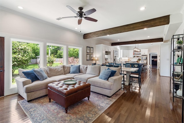 2215 Pecan Lake Dr, Richmond, TX 77406 - living area featuring plenty of natural light, a ceiling fan, beamed ceiling, dark wood-style floors, and recessed lighting