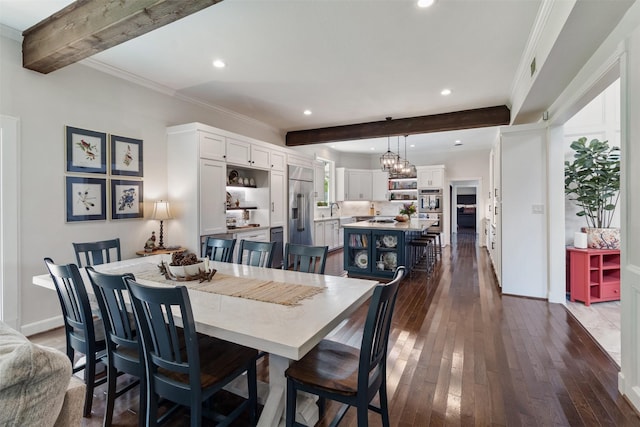 2215 Pecan Lake Dr, Richmond, TX 77406 - dining space featuring beamed ceiling, recessed lighting, dark wood-type flooring, ornamental molding, and baseboards