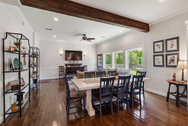 2215 Pecan Lake Dr, Richmond, TX 77406 - dining space with dark wood-style floors, ceiling fan, beam ceiling, ornamental molding, and recessed lighting