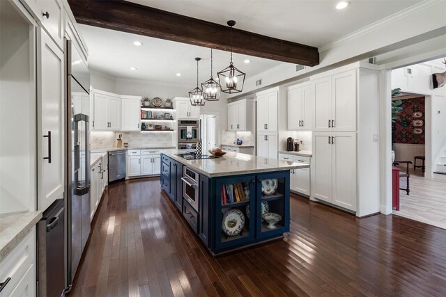 2215 Pecan Lake Dr, Richmond, TX 77406 - kitchen featuring open shelves, blue cabinetry, white cabinets, stainless steel appliances, and beam ceiling