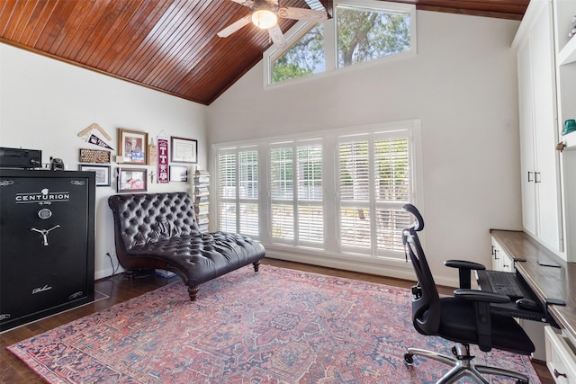 2215 Pecan Lake Dr, Richmond, TX 77406 - office with a ceiling fan, high vaulted ceiling, wooden ceiling, and wood finished floors