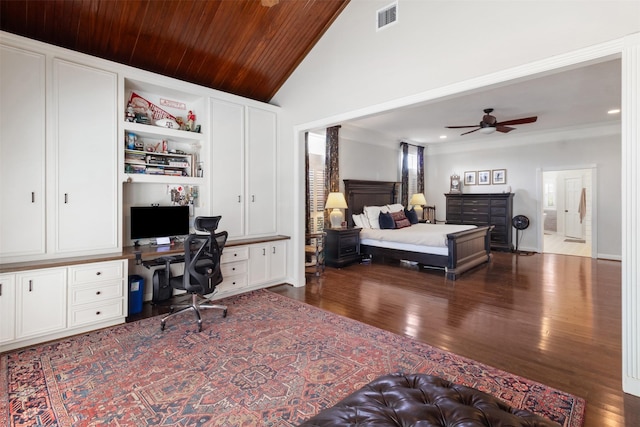 2215 Pecan Lake Dr, Richmond, TX 77406 - bedroom featuring lofted ceiling, dark wood-style floors, wooden ceiling, recessed lighting, and a ceiling fan