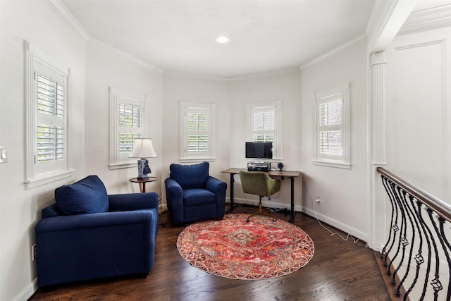 2215 Pecan Lake Dr, Richmond, TX 77406 - living area with wood finished floors, crown molding, baseboards, and a desk