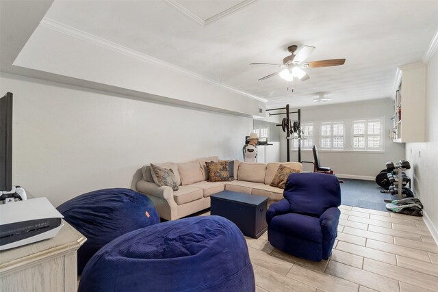 2215 Pecan Lake Dr, Richmond, TX 77406 - living area featuring attic access, ceiling fan, baseboards, ornamental molding, and light tile patterned floors