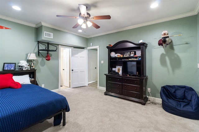2215 Pecan Lake Dr, Richmond, TX 77406 - bedroom featuring carpet floors, ornamental molding, recessed lighting, ceiling fan, and baseboards