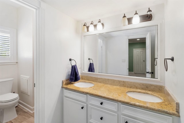 2215 Pecan Lake Dr, Richmond, TX 77406 - bathroom featuring toilet, double vanity, and tile patterned flooring