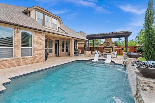 1509 Preserve Ln, Houston, TX 77089 - view of swimming pool featuring a warm lit fireplace, a patio area, and fence