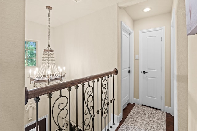 1509 Preserve Ln, Houston, TX 77089 - corridor with a chandelier, dark wood-type flooring, baseboards, an upstairs landing, and recessed lighting