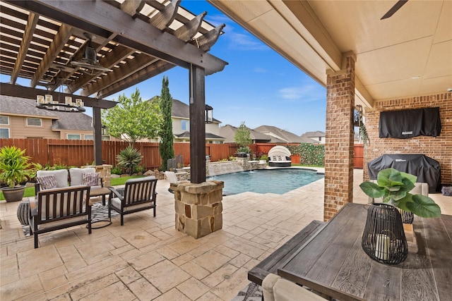 1509 Preserve Ln, Houston, TX 77089 - view of patio with an outdoor hangout area, a pergola, a fenced backyard, and grilling area