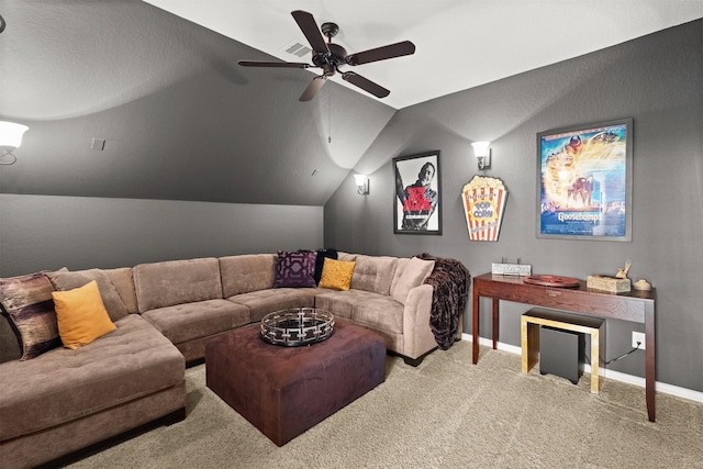 1509 Preserve Ln, Houston, TX 77089 - carpeted living room featuring a ceiling fan, vaulted ceiling, and baseboards